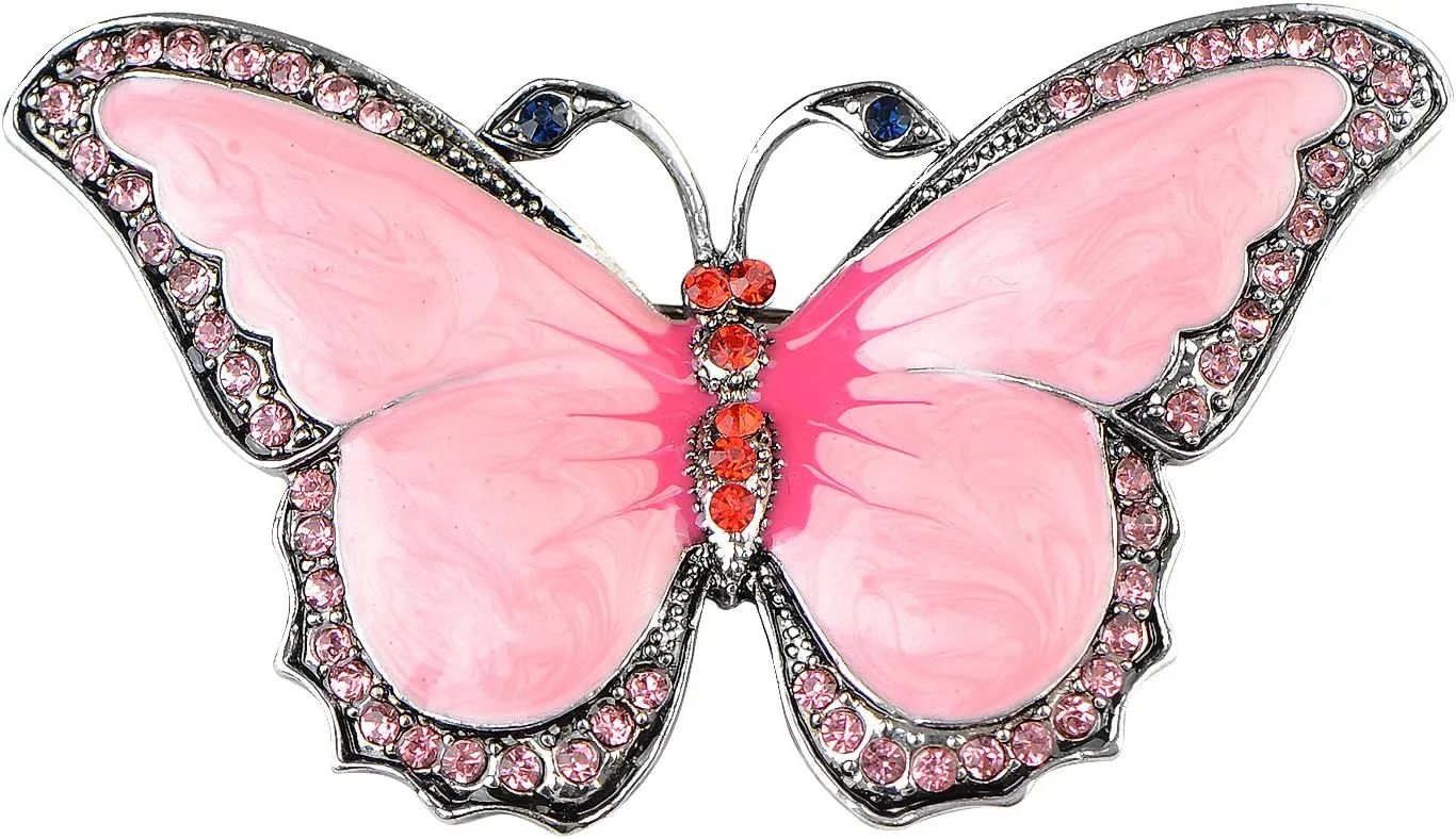 Alilang Womens Antique Silvery Tone Pink Rhinestones Pearlescent Bug Eyed Butterfly Brooch Pin