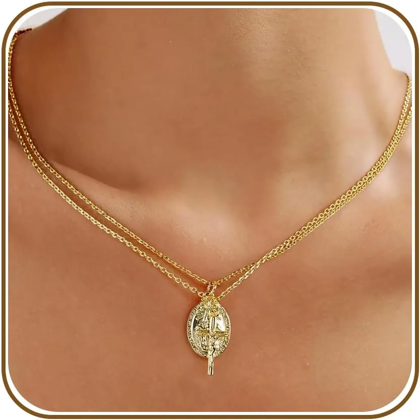 AllenCOCO Gold Cross Necklaces for Women, Crucifix Necklaces, Dainty Virgin Mary Necklace, Virgen de Guadalupe, Layered Pendants Chain Non Tarnish