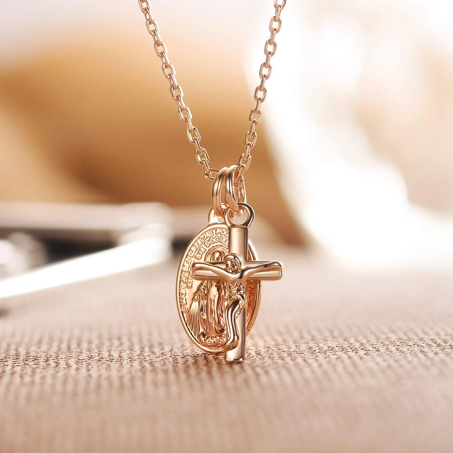 AllenCOCO Gold Cross Necklaces for Women, Crucifix Necklaces, Dainty Virgin Mary Necklace, Virgen de Guadalupe, Layered Pendants Chain Non Tarnish