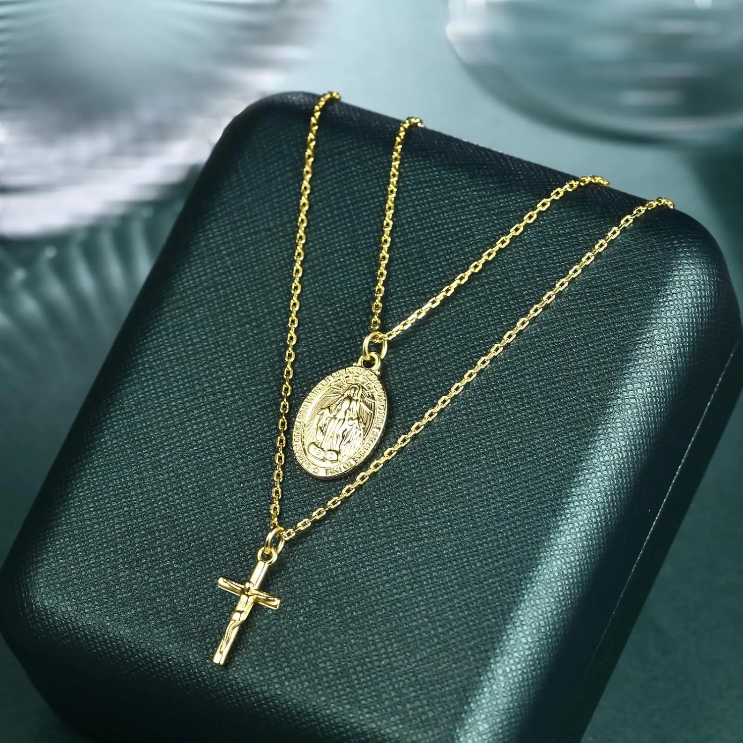 AllenCOCO Gold Cross Necklaces for Women, Crucifix Necklaces, Dainty Virgin Mary Necklace, Virgen de Guadalupe, Layered Pendants Chain Non Tarnish