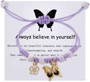 Always Believe in Yourself Butterfly Bracelets for Women Adjustable Butterfly Charm Bracelets Personalized Butterfly Flower Braided Friendship Matching Lucky Bracelets for Women