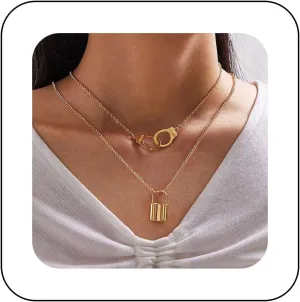 Andelaisi Boho Lock Pendant Necklaces Chain Padlock Necklaces Layered Handcuff Necklace Chain Gold Lock Chain Necklace Jewelry for Women