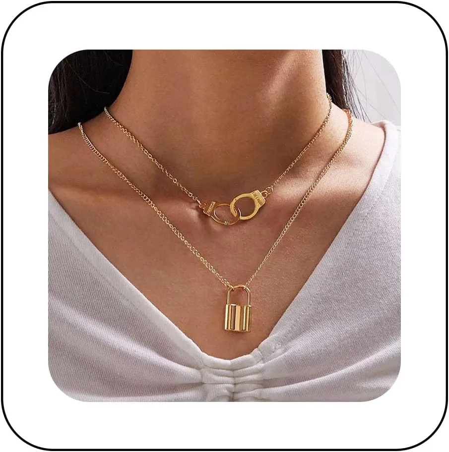 Andelaisi Boho Lock Pendant Necklaces Chain Padlock Necklaces Layered Handcuff Necklace Chain Gold Lock Chain Necklace Jewelry for Women