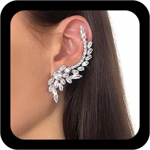 Andelaisi Boho Rhinestone Cuff Wrap Earrings Vintage Crystal Climber Crawler Earrings Sparkly Cz Ear Climber Cuff Earrings Crystal Ear Crawler Earrings Crystal Wedding Bridal Earrings for Women