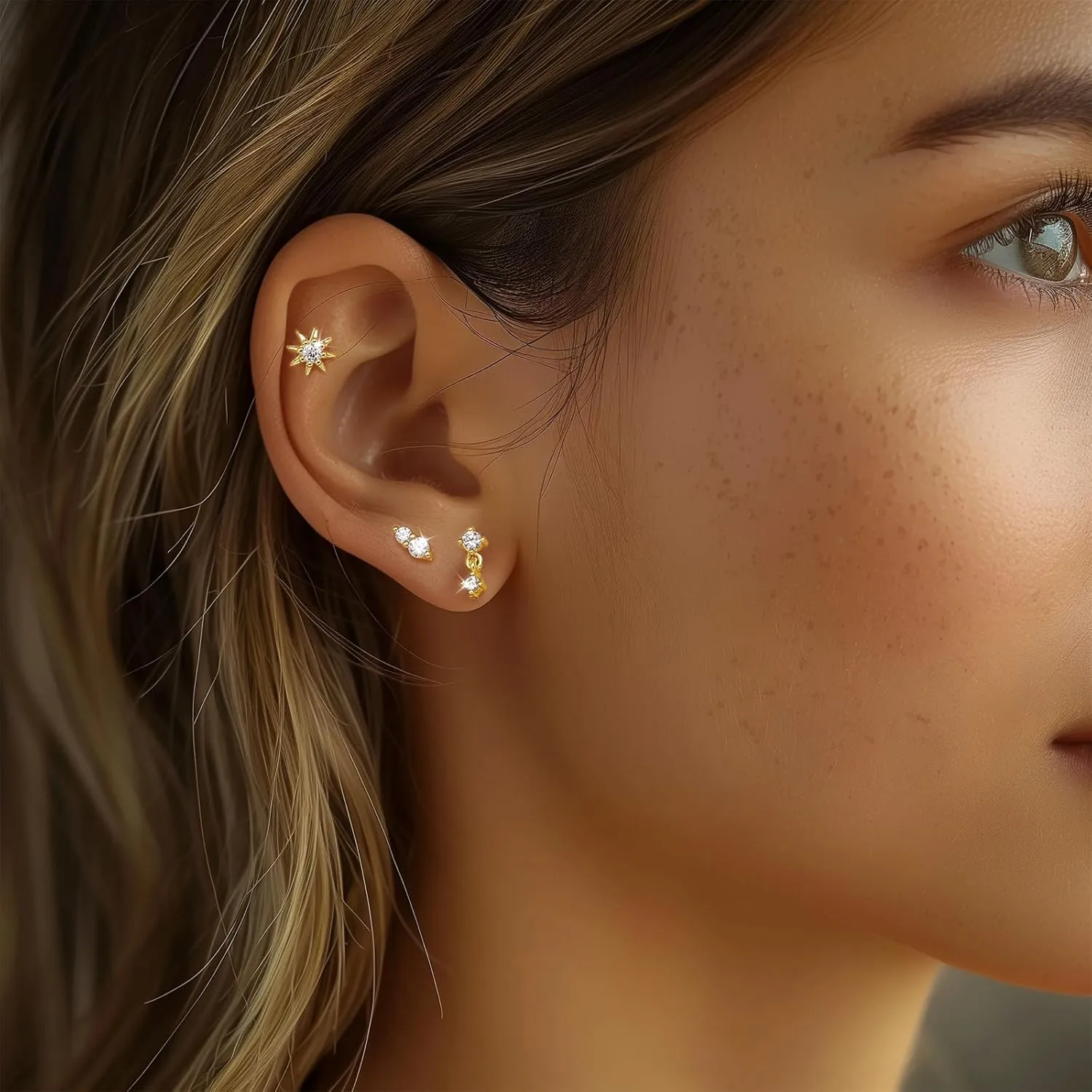 Angelady Flat Back Earrings Set for Women, 14K Gold Plated Flat Back Stud Earring Hypoallergenic, Sterling Silver Cartilage Earrings Helix Piercing Jewelry for Women