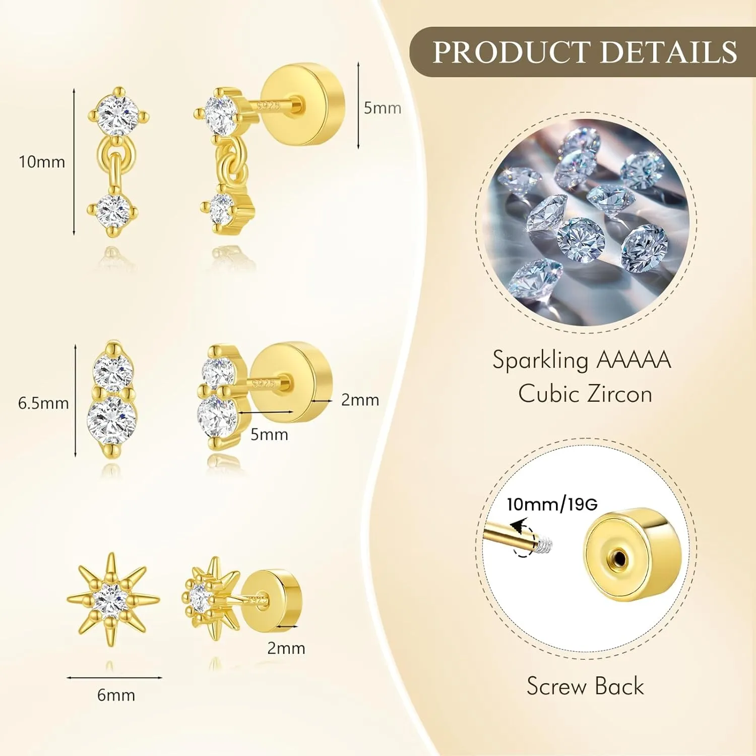 Angelady Flat Back Earrings Set for Women, 14K Gold Plated Flat Back Stud Earring Hypoallergenic, Sterling Silver Cartilage Earrings Helix Piercing Jewelry for Women