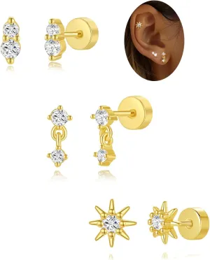Angelady Flat Back Earrings Set for Women, 14K Gold Plated Flat Back Stud Earring Hypoallergenic, Sterling Silver Cartilage Earrings Helix Piercing Jewelry for Women