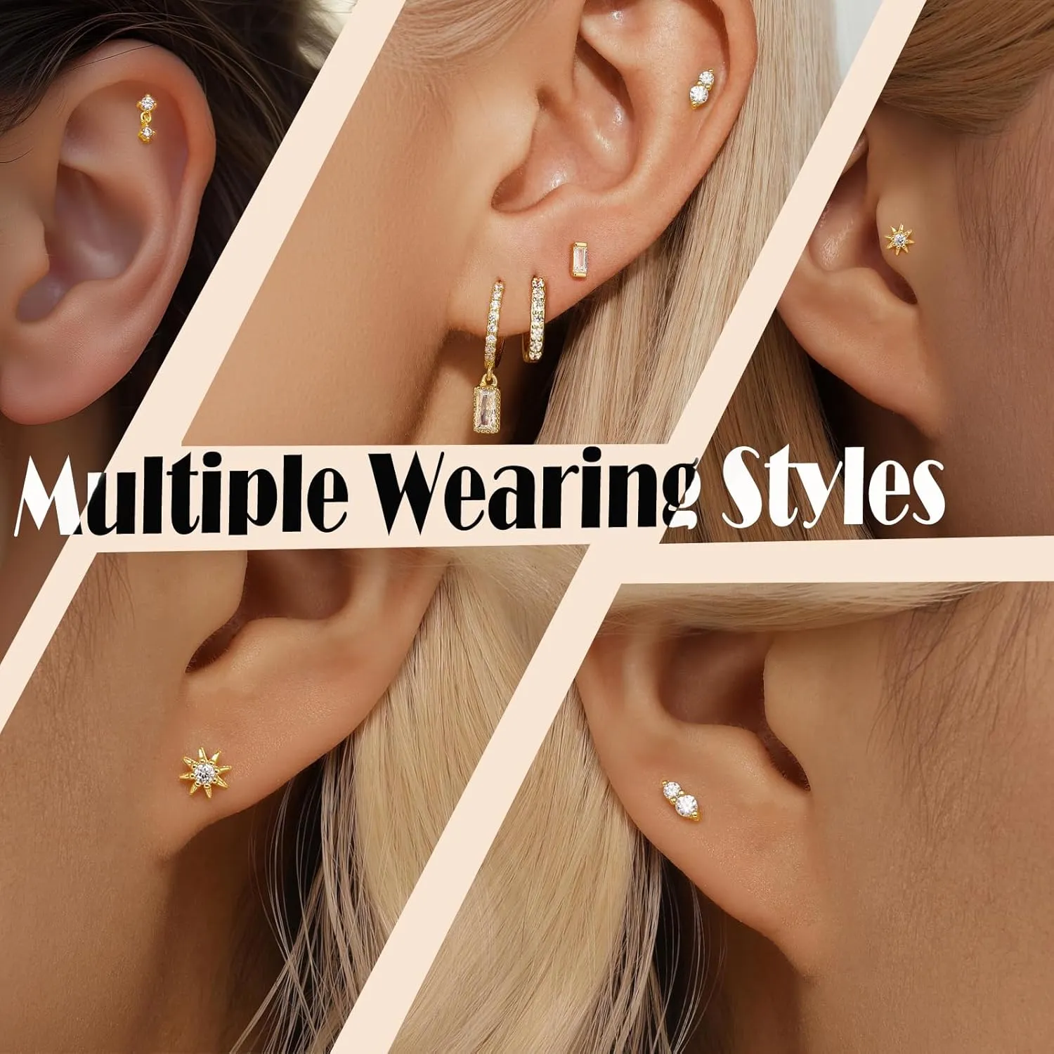 Angelady Flat Back Earrings Set for Women, 14K Gold Plated Flat Back Stud Earring Hypoallergenic, Sterling Silver Cartilage Earrings Helix Piercing Jewelry for Women