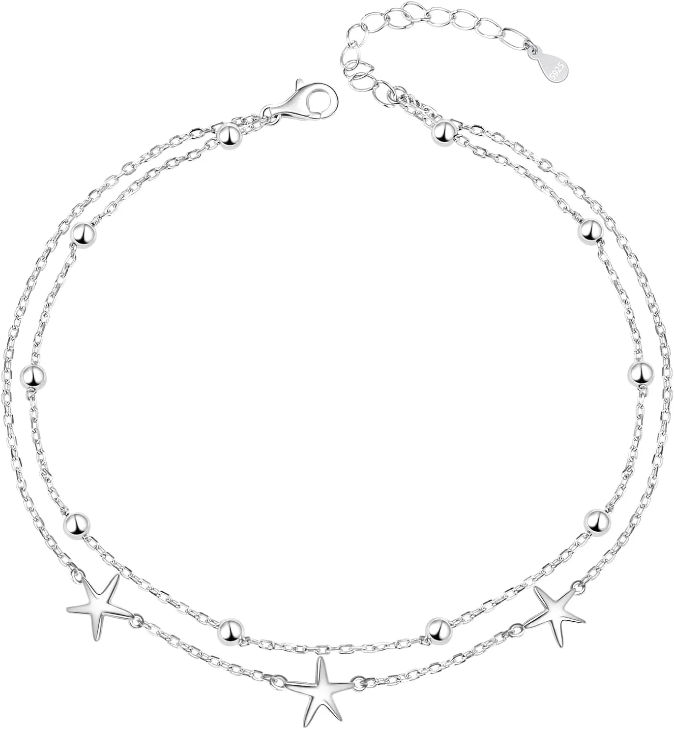Anklet for Women, 925 Sterling Silver Layered Bracelet Adjustable Beaded Chain Charm Beach Foot Jewelry