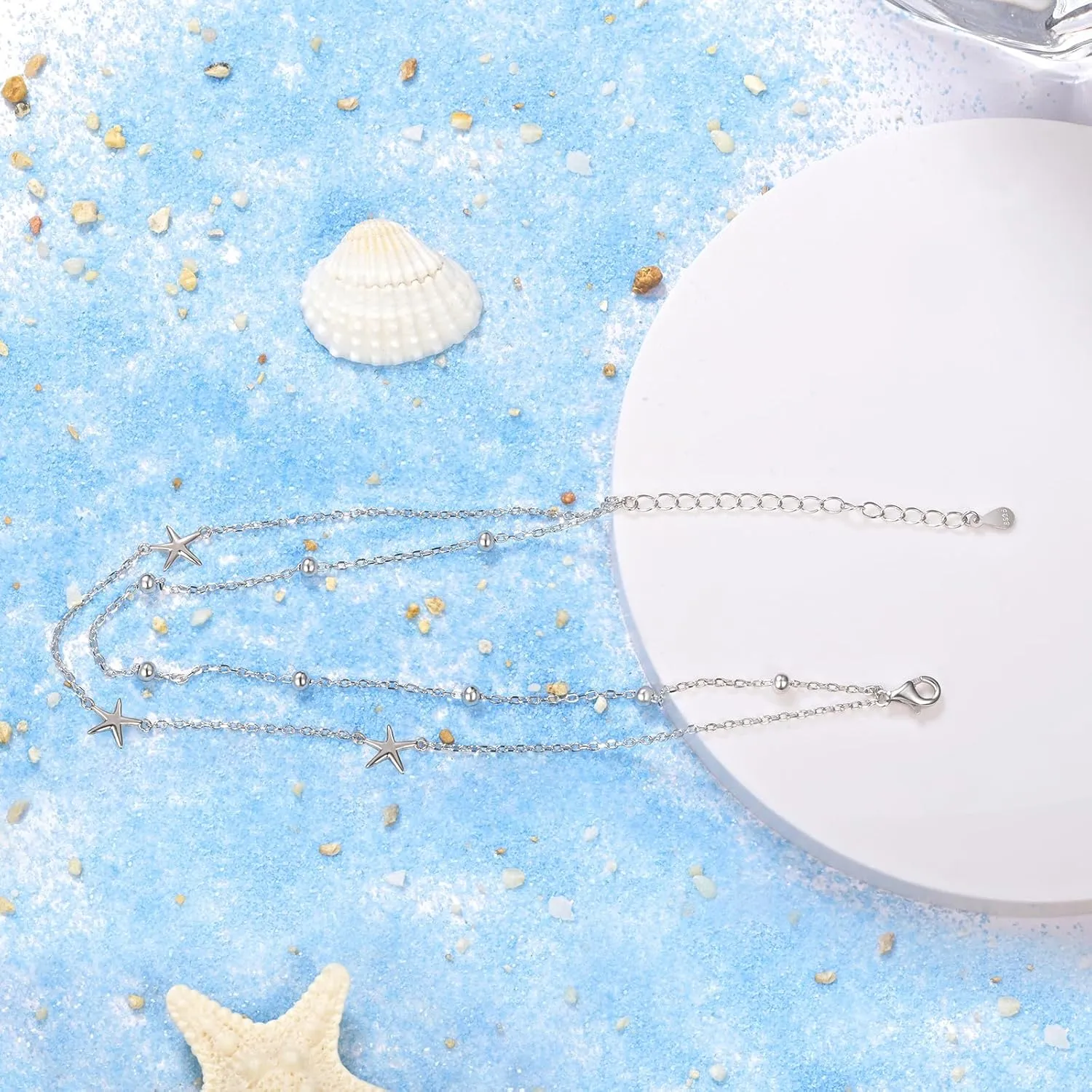 Anklet for Women, 925 Sterling Silver Layered Bracelet Adjustable Beaded Chain Charm Beach Foot Jewelry