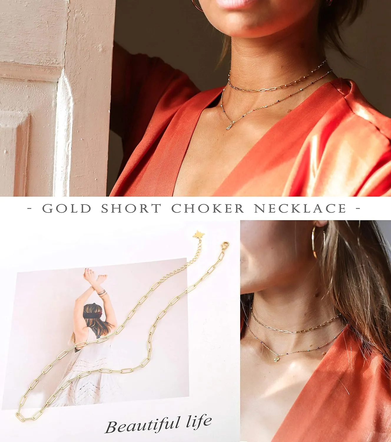 Aobei Pearl 18K Gold Paperclip Chain Choker Satellite Chain Biwa Pearl Pendant Necklace Dainty Jewelry for Women