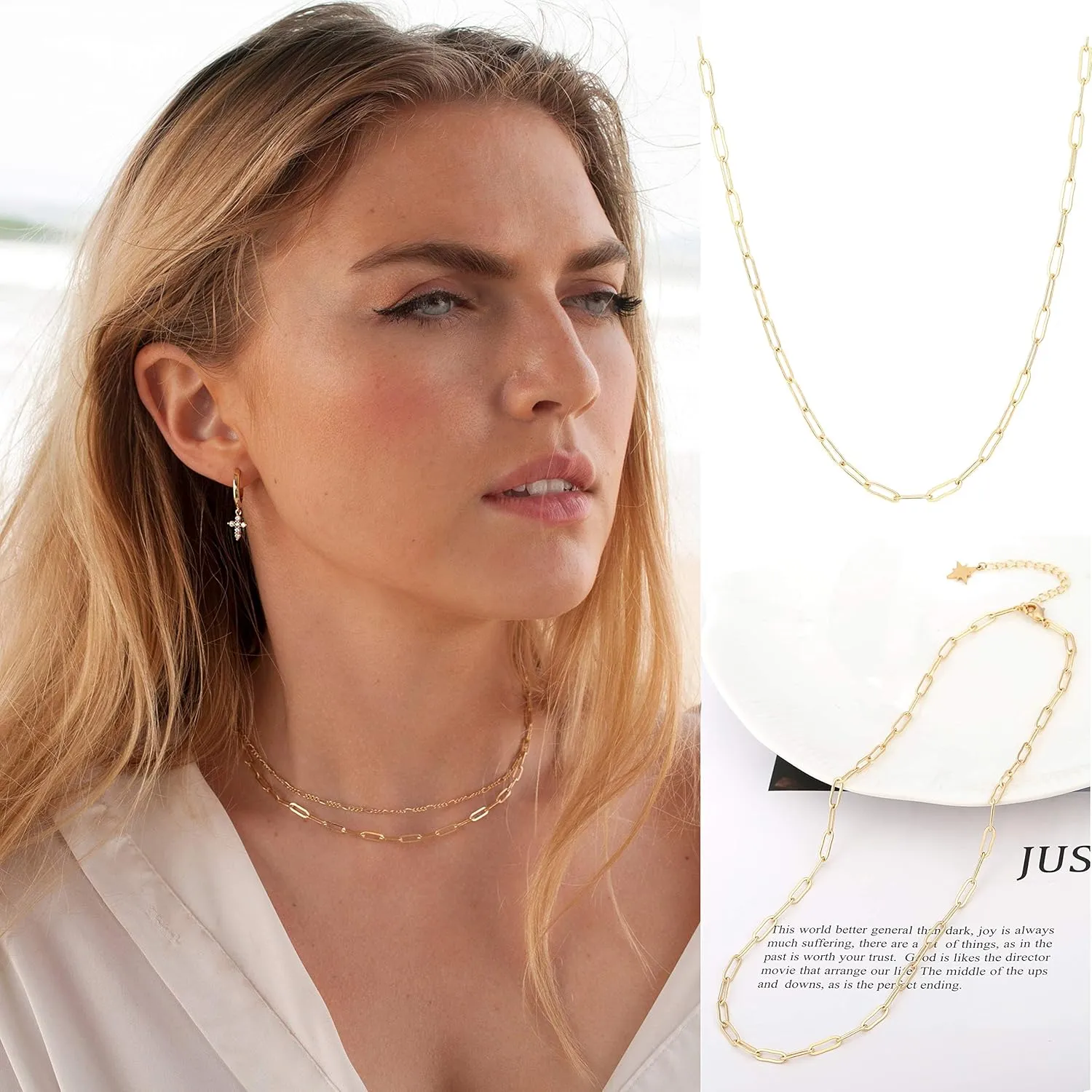 Aobei Pearl 18K Gold Paperclip Chain Choker Satellite Chain Biwa Pearl Pendant Necklace Dainty Jewelry for Women