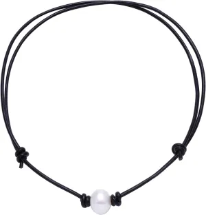 Aobei Pearl Handmade Single Cultured Freshwater Pearl Choker Necklace for Women Genuine Leather Jewelry Glaze Ball Necklace Gift for Her