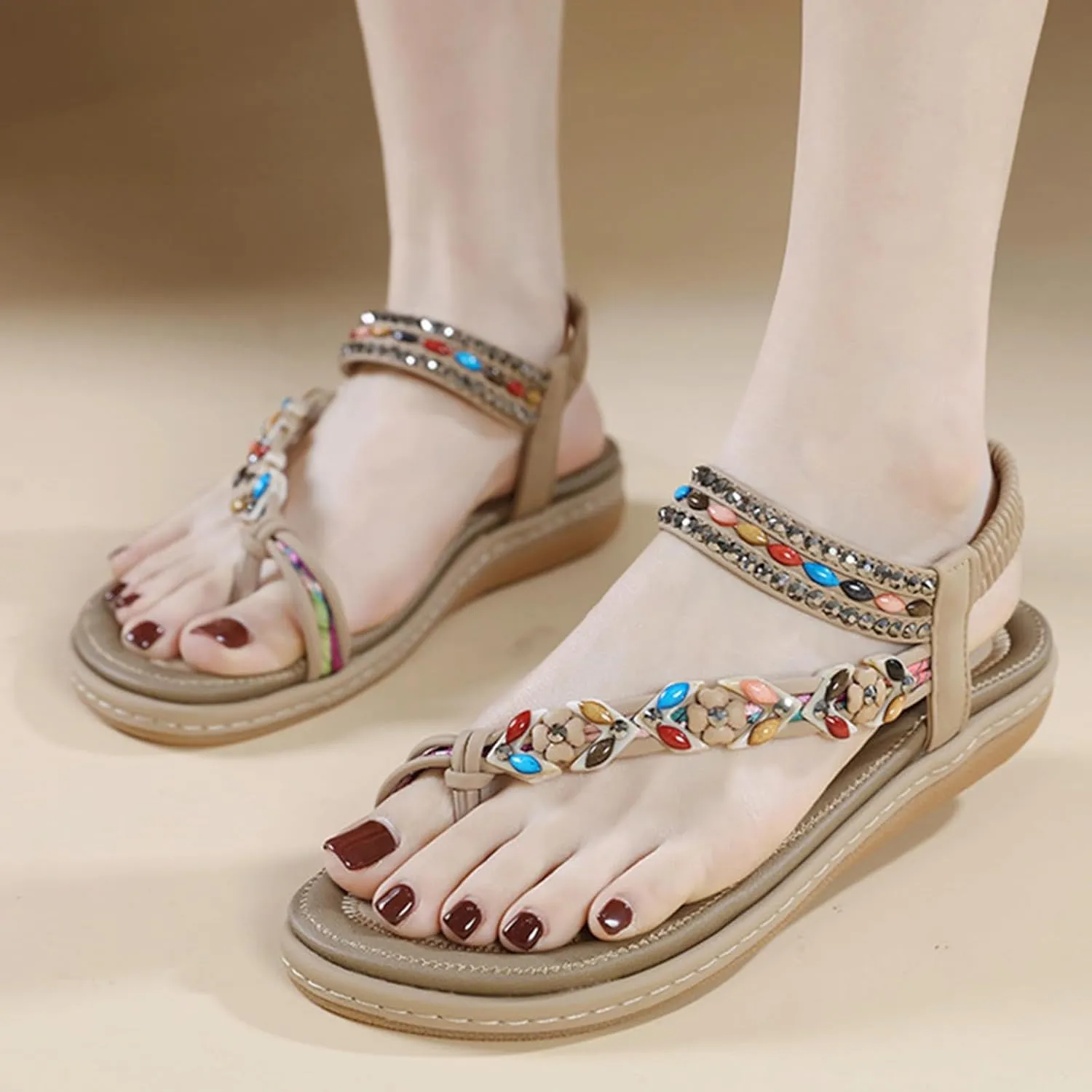 Arch Support Womens Sandals Dressy Flat with Bohemian Beaded Comfortable Casual Summer Slip On Ankle Elastic Thong Shoes