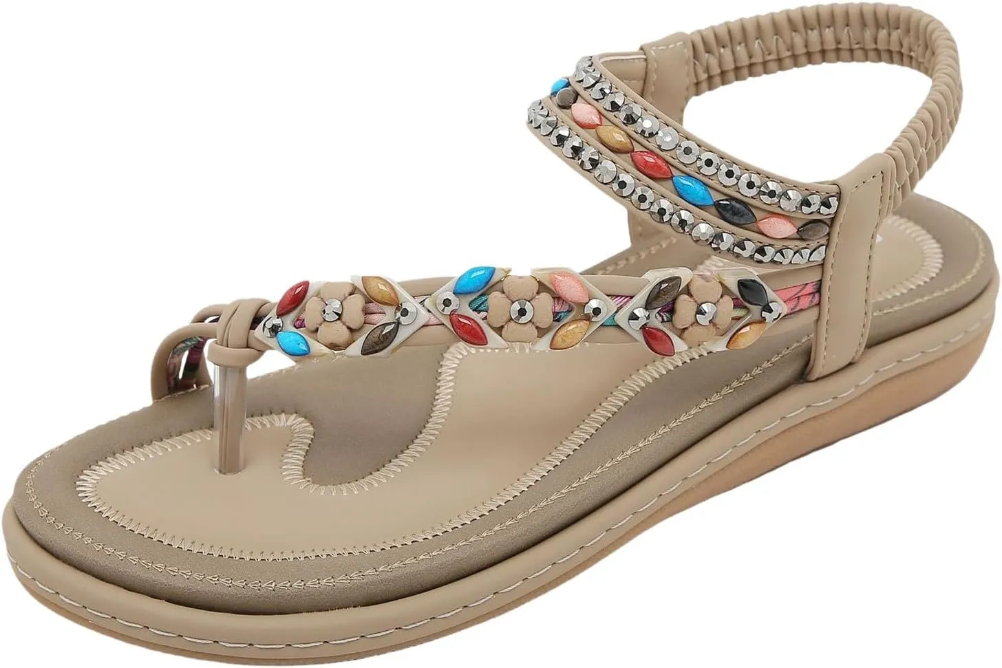 Arch Support Womens Sandals Dressy Flat with Bohemian Beaded Comfortable Casual Summer Slip On Ankle Elastic Thong Shoes