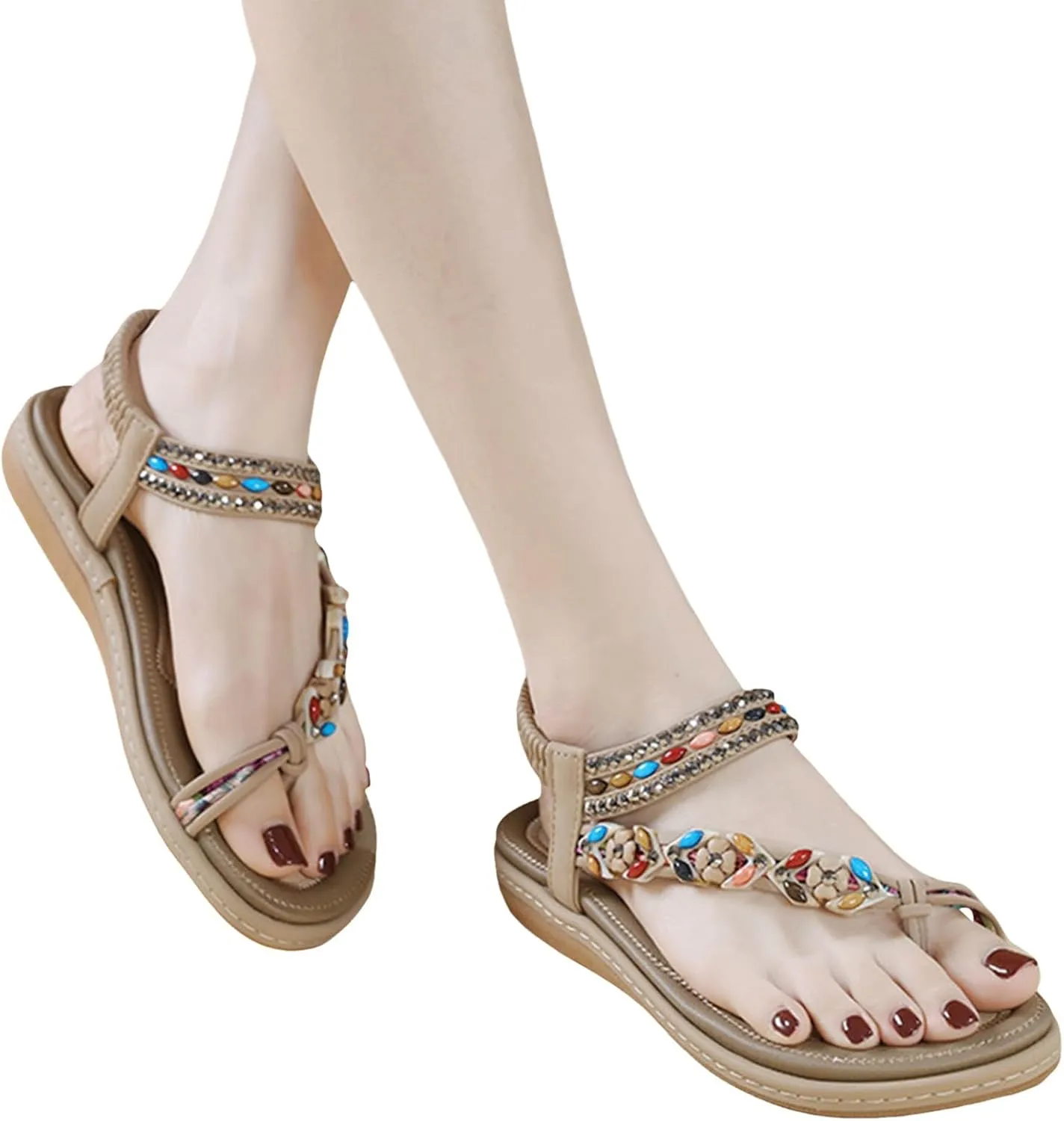 Arch Support Womens Sandals Dressy Flat with Bohemian Beaded Comfortable Casual Summer Slip On Ankle Elastic Thong Shoes