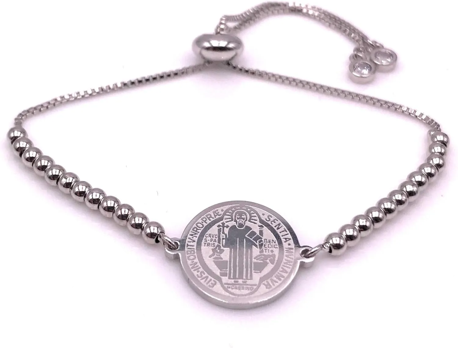 Art & Designs by AA Silver Beaded Saint Benedict Bracelet Adjustable for Women Protection Jewelry