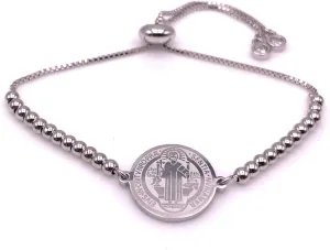 Art & Designs by AA Silver Beaded Saint Benedict Bracelet Adjustable for Women Protection Jewelry