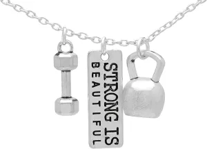 Art Attack Strong Is Beautiful Workout Gym Chain Necklace, Barbell Dumbbell Weight Exercise Victorious Brave Smart Wonderful Pendant Charm (Silver)