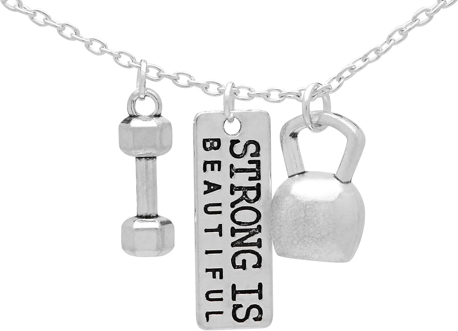Art Attack Strong Is Beautiful Workout Gym Chain Necklace, Barbell Dumbbell Weight Exercise Victorious Brave Smart Wonderful Pendant Charm (Silver)