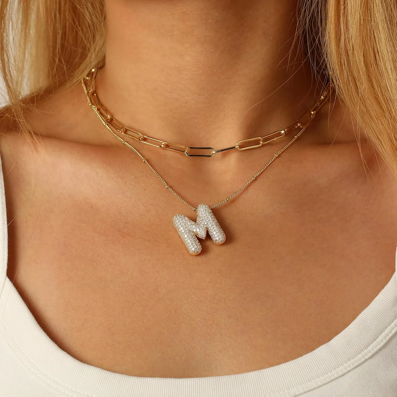 Ascona A-Z Letter Necklace Gold, Layered Balloon Initial Necklaces Rhinestone Letter Pendant Chain Layering Necklaces for Women Jewelry Gift