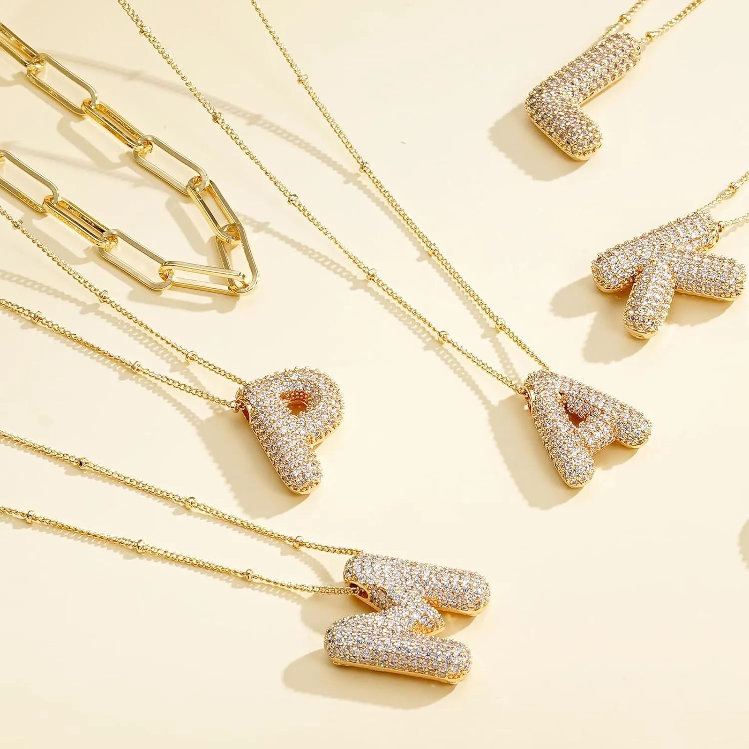 Ascona A-Z Letter Necklace Gold, Layered Balloon Initial Necklaces Rhinestone Letter Pendant Chain Layering Necklaces for Women Jewelry Gift