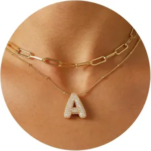 Ascona A-Z Letter Necklace Gold, Layered Balloon Initial Necklaces Rhinestone Letter Pendant Chain Layering Necklaces for Women Jewelry Gift