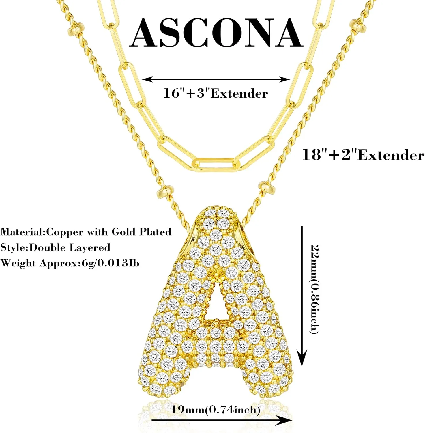 Ascona A-Z Letter Necklace Gold, Layered Balloon Initial Necklaces Rhinestone Letter Pendant Chain Layering Necklaces for Women Jewelry Gift