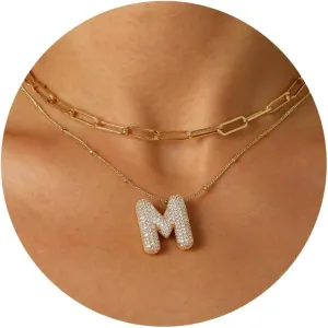 Ascona A-Z Letter Necklace Gold, Layered Balloon Initial Necklaces Rhinestone Letter Pendant Chain Layering Necklaces for Women Jewelry Gift