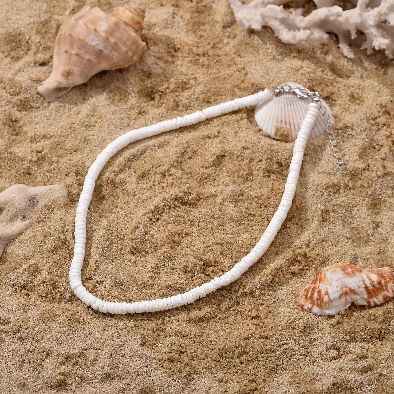 ATIMIGO White Puka Shell Hawaiian Cowrie Shell Pearl Beach Choker Handmade Adjustable Summer Clavicle Necklace - Surfer Jewelry for Women & Men