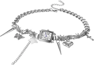 Avaner Women's Choker Watches Necklace: Stainless Steel Silver Square Analog Quartz Gothic Watch Pendant Necklace for Party Costumes