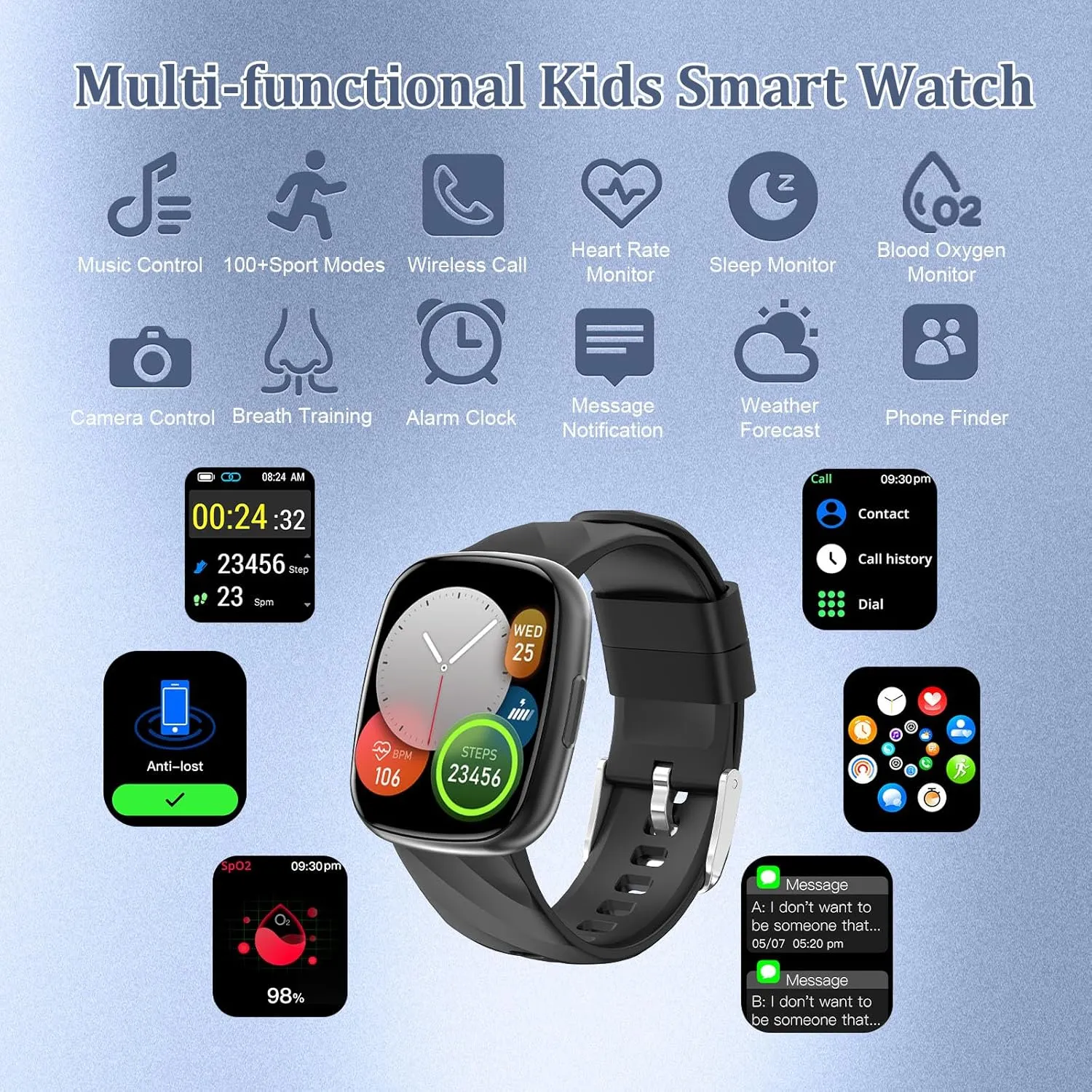 AXYWINBO Kids Smart Watch, IP68 Waterproof Fitness Tracker with 100 Exercise Modes, Heart Rate & Sleep Monitor, Sedentary Reminder, Black