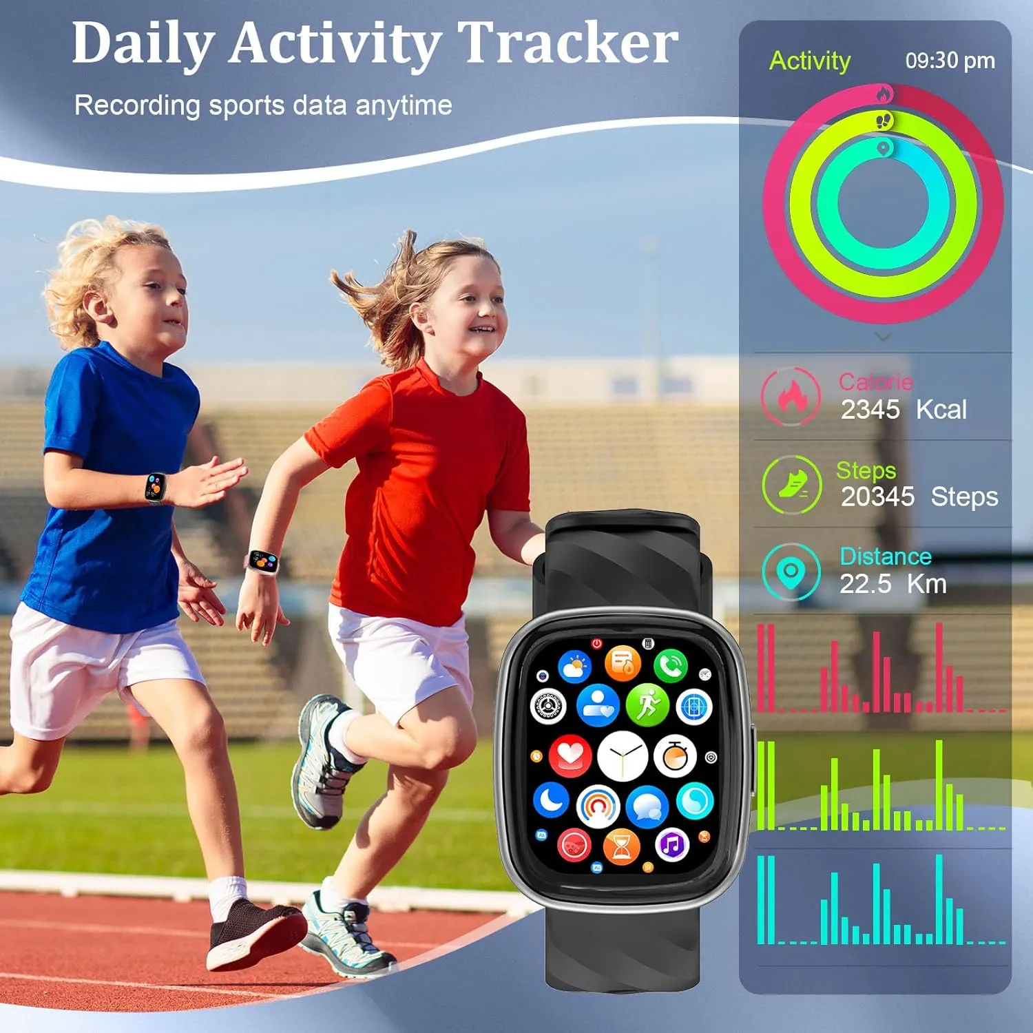 AXYWINBO Kids Smart Watch, IP68 Waterproof Fitness Tracker with 100 Exercise Modes, Heart Rate & Sleep Monitor, Sedentary Reminder, Black