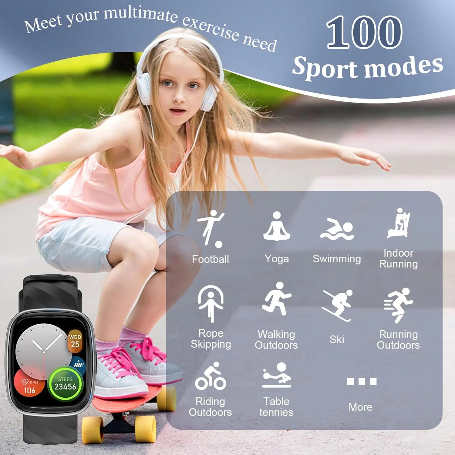 AXYWINBO Kids Smart Watch, IP68 Waterproof Fitness Tracker with 100 Exercise Modes, Heart Rate & Sleep Monitor, Sedentary Reminder, Black