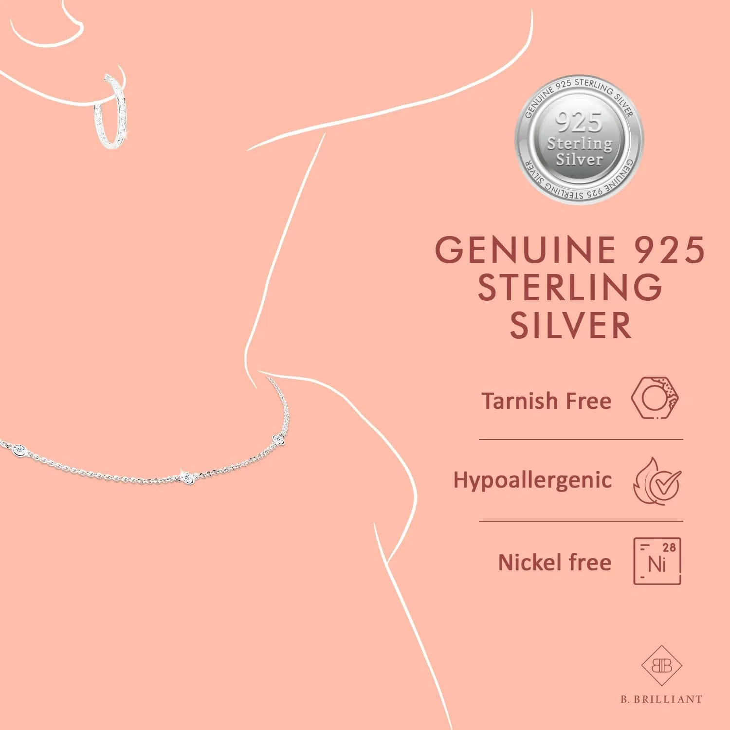 B. BRILLIANT Cubic Zirconia Necklace for Women Solitaire Bezel Sterling Silver CZ Chokers Bridesmaids Fashion Stacking Trendy Birthday