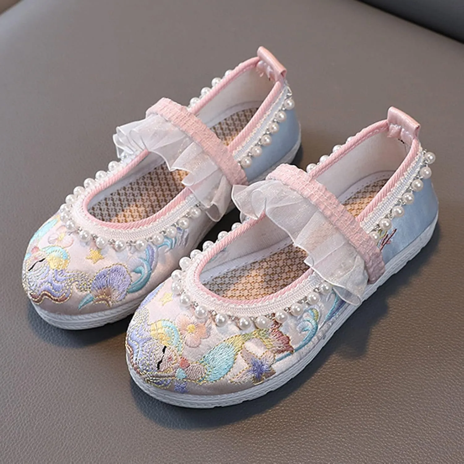 Baby Girls Canvas Beaded Dress Shoes Cute Fashion Ankle Sandals Flat Non Slip Toddler Footbed Strap Casual Shoes Ballet