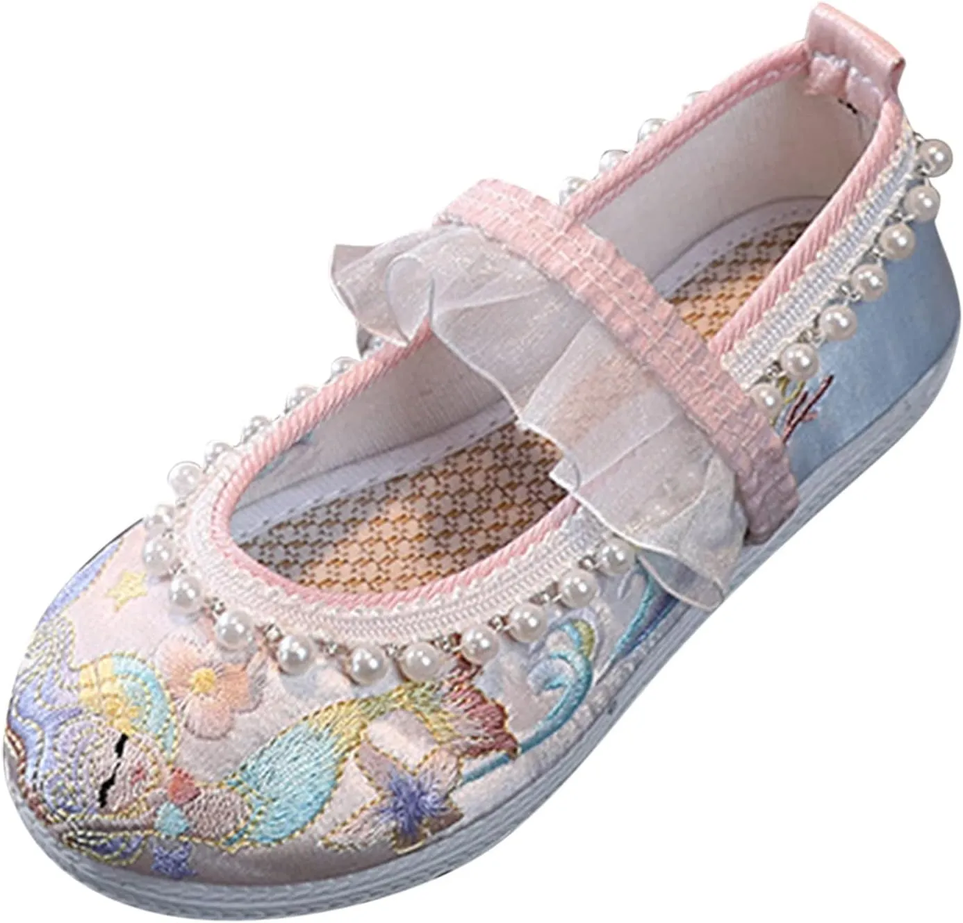 Baby Girls Canvas Beaded Dress Shoes Cute Fashion Ankle Sandals Flat Non Slip Toddler Footbed Strap Casual Shoes Ballet