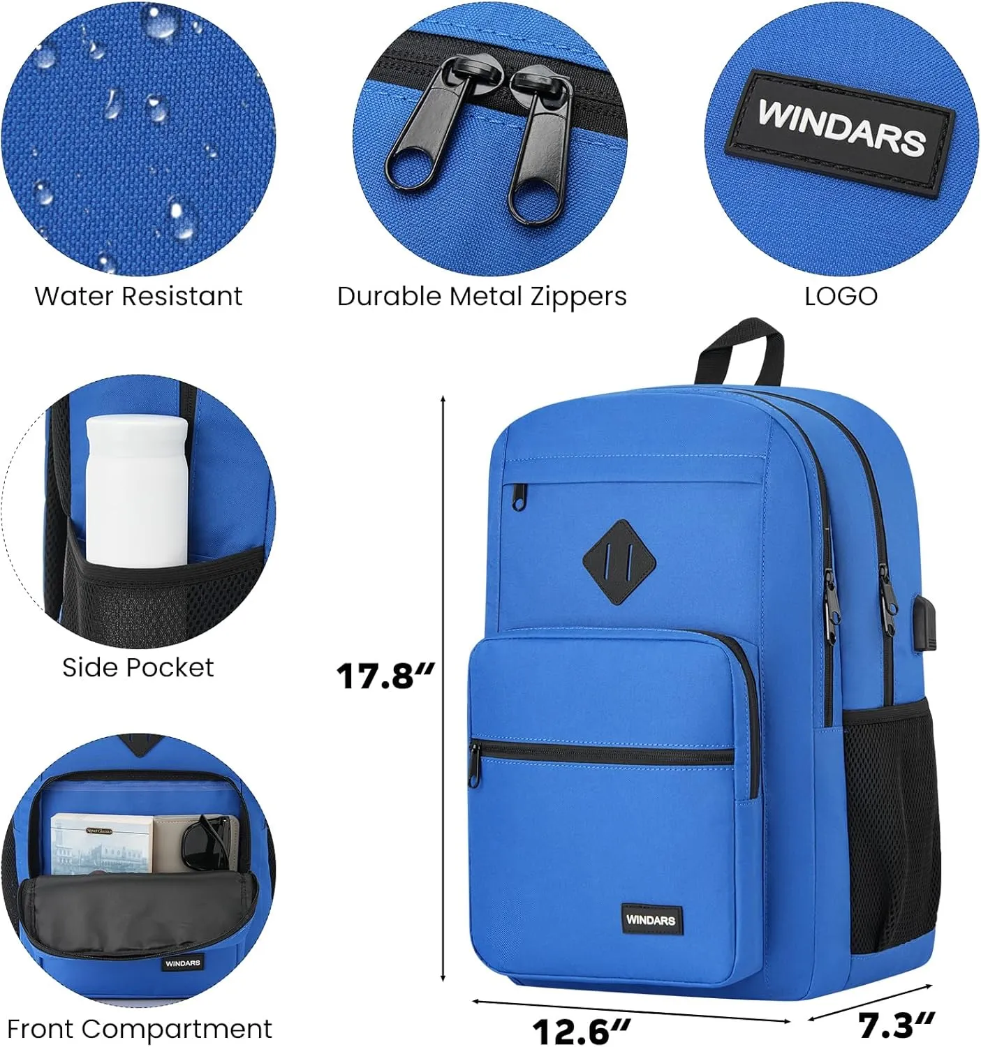 Backpack for Men Women, Durable Casual School Backpacks Teens Boys and Girls Classic 15.6 Inch Laptop Bookbag with USB Charger for College High School Work Travel (Dark Blue)