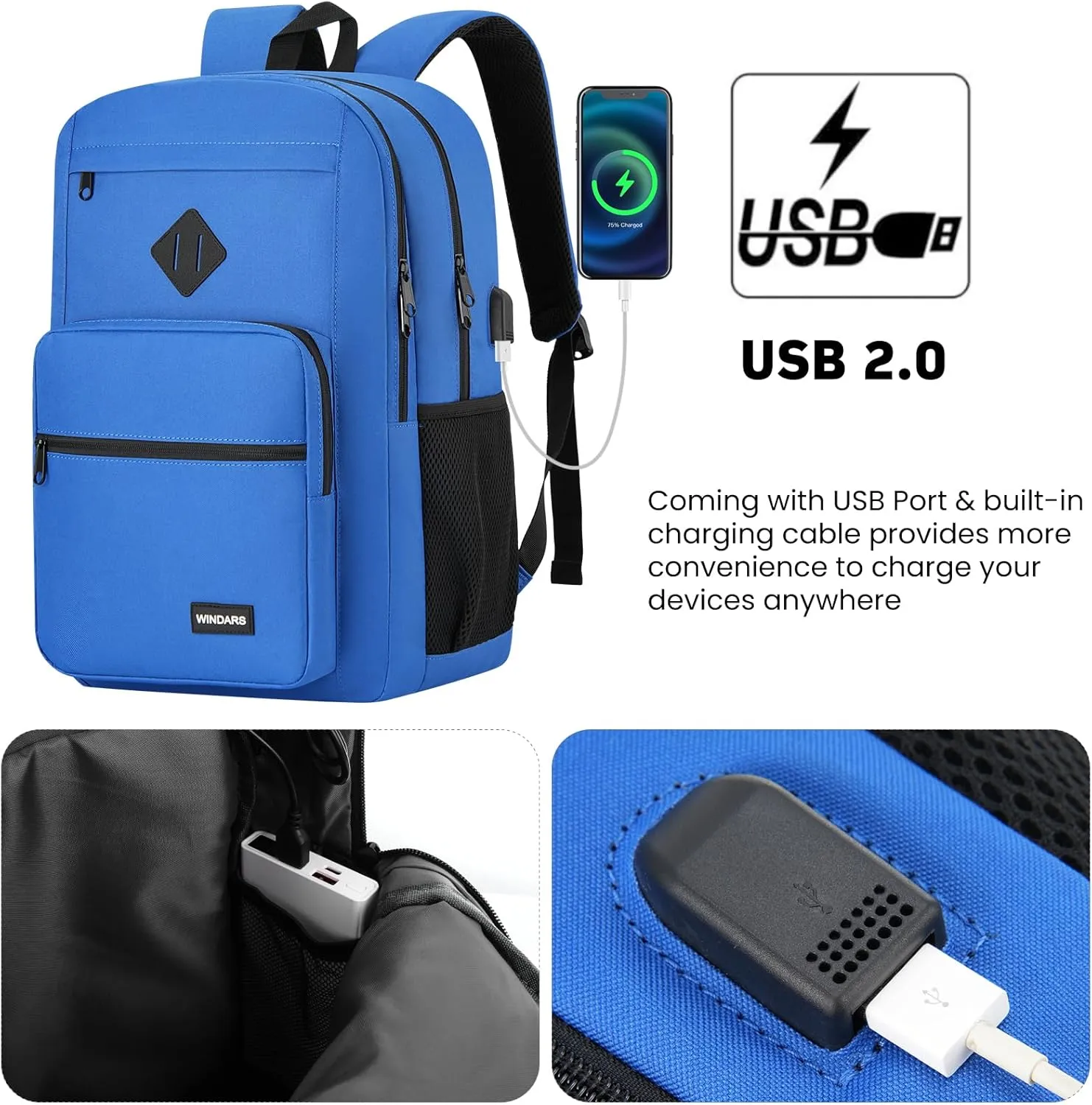Backpack for Men Women, Durable Casual School Backpacks Teens Boys and Girls Classic 15.6 Inch Laptop Bookbag with USB Charger for College High School Work Travel (Dark Blue)