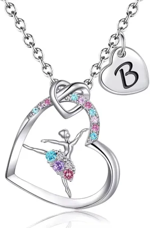 Ballerina Necklaces Gifts for Girls Ballet Dancer Necklaces for Teens Little Girls Heart Initial Rainbow Dance Necklace Jewelry Gifts for Girls Women