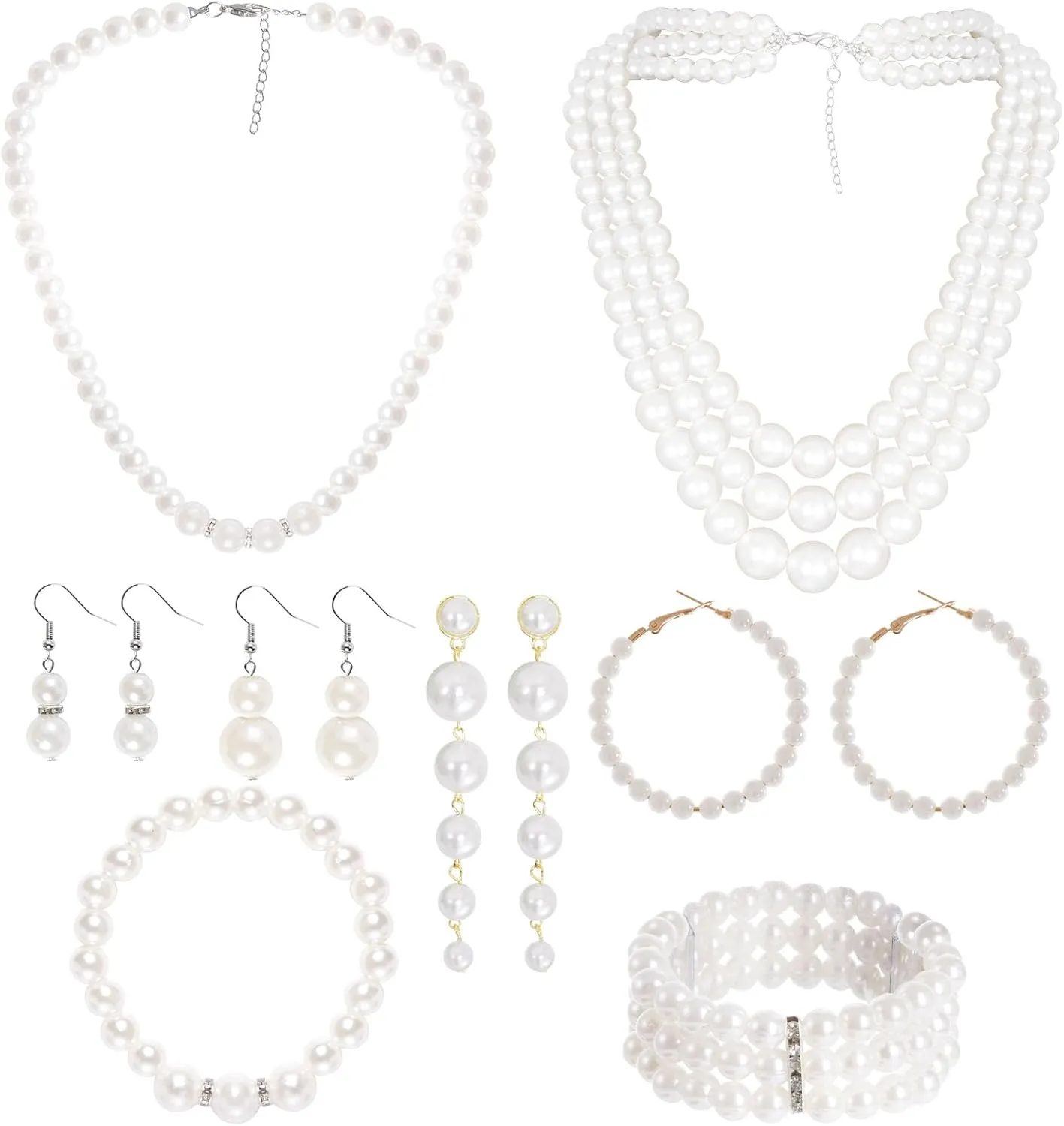baotongle 12pcs Pearl Necklace and Earrings Set for Women Pearl Jewelry Set Faux Necklace Earrings Simulated Bracelets for Wedding Party Gift