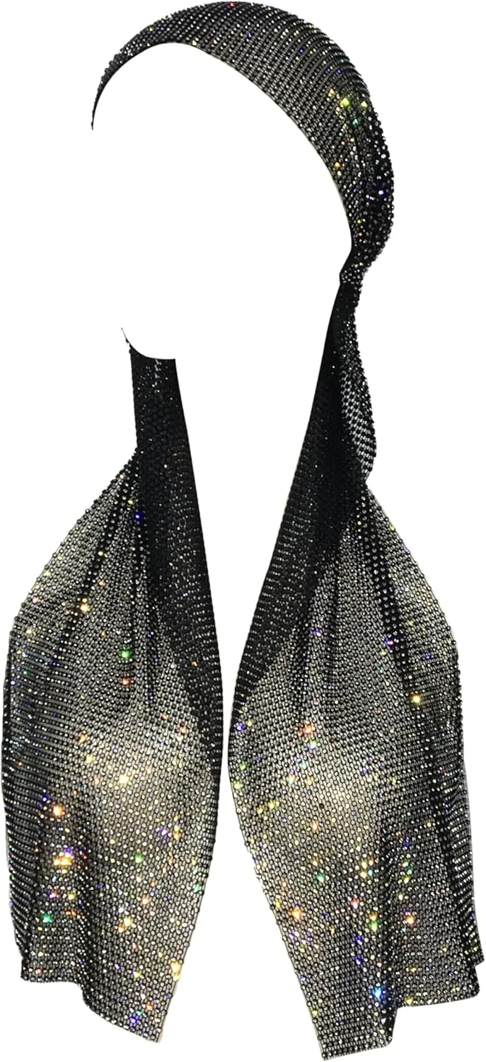 BaronHong Mesh Headwraps Glitter Rhinestone Hairbands Elastic Crystal Turban Nightclub Rave Party Scarf Sparkle Jewelry