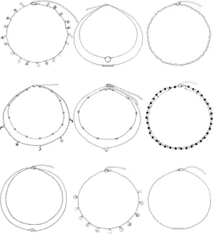 BBTO 9 Pieces Women Girls Sliver Layered Chain Choker Necklace Layered Pendant Choker Jewelry Set