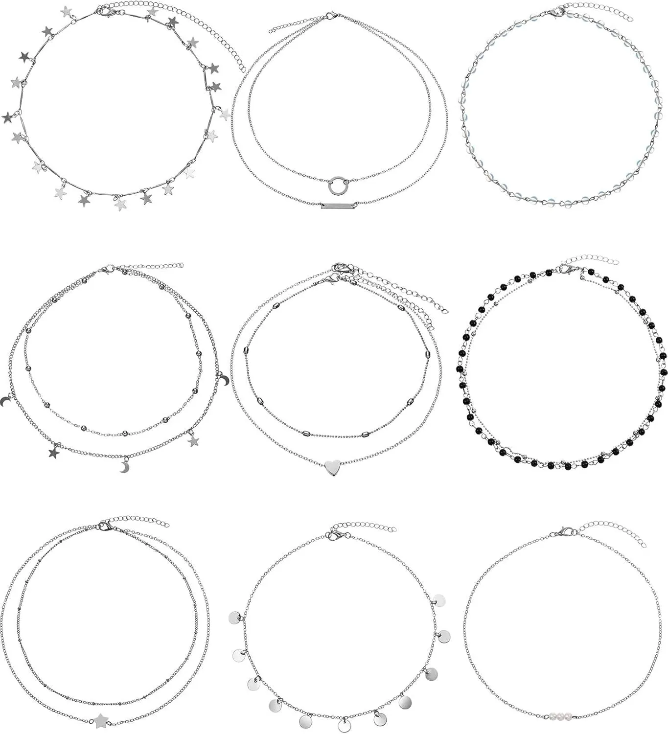 BBTO 9 Pieces Women Girls Sliver Layered Chain Choker Necklace Layered Pendant Choker Jewelry Set