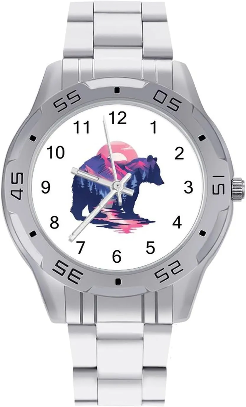 Bear Country Classic Wrist Watches for Men Casual Business Dress Watch with Stainless Steel Band Work Party