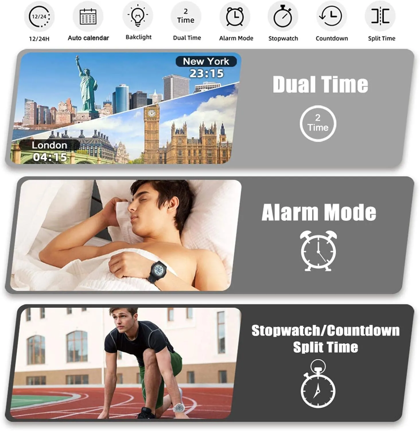 Beeasy Digital Watch Waterproof with Stopwatch Alarm Countdown Dual Time, Ultra-Thin Super Wide-Angle Display Digital Wrist Watches for Men Women