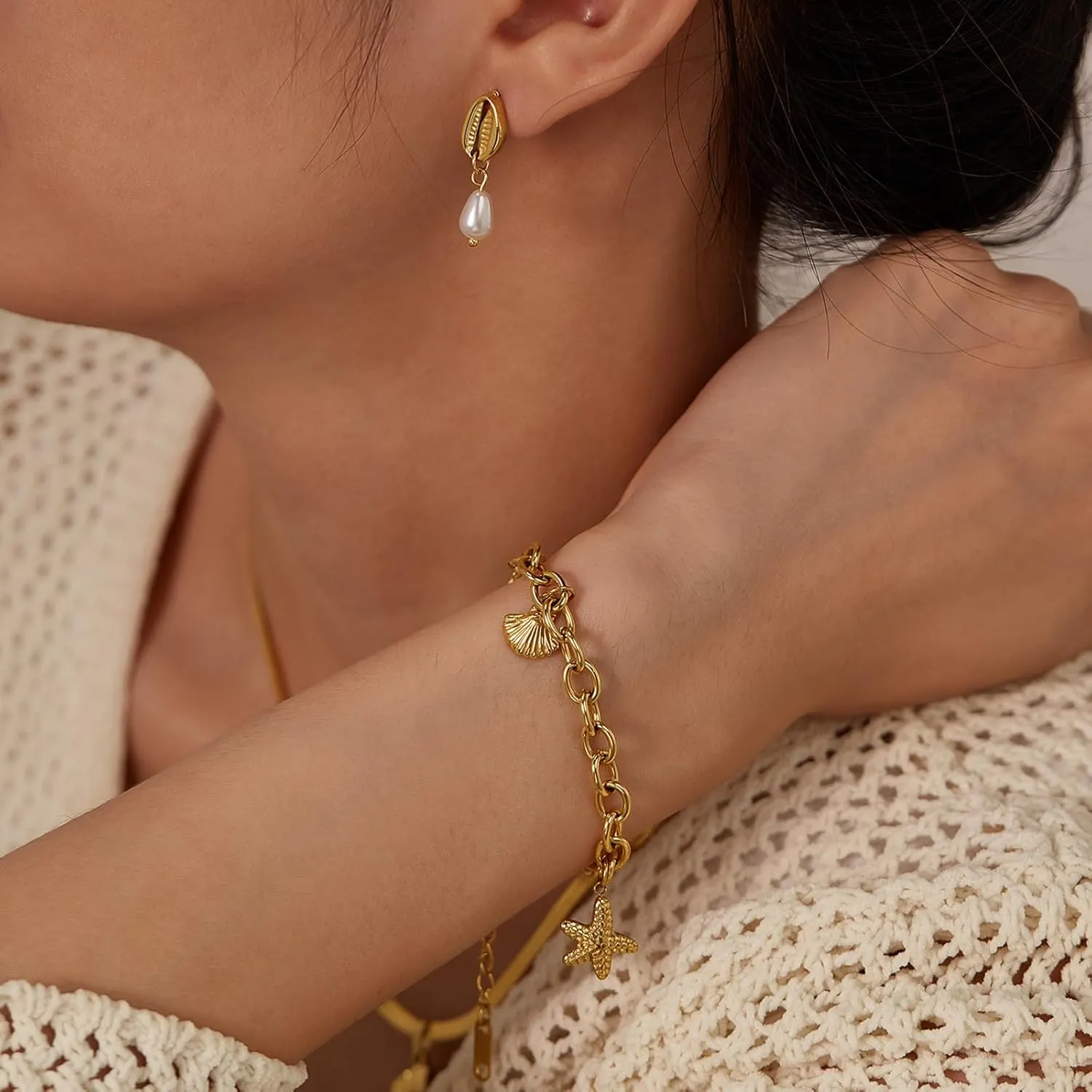Bi&Yamigeo Gold Ocean Charm Link Bracelets for Women Adjustable Seashell Conch Seastar Turtle Dolphin Anchor Beach Jewelry