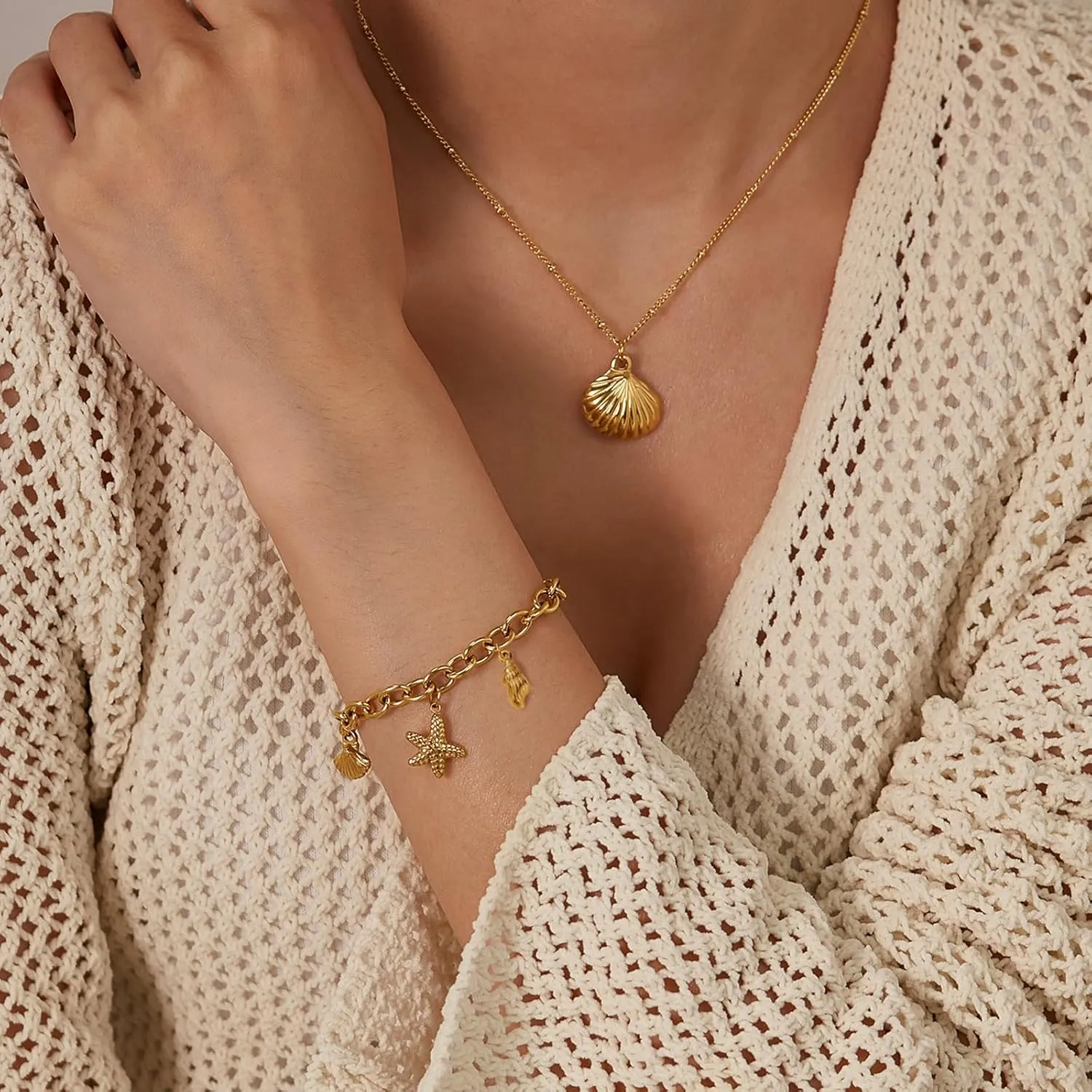 Bi&Yamigeo Gold Ocean Charm Link Bracelets for Women Adjustable Seashell Conch Seastar Turtle Dolphin Anchor Beach Jewelry