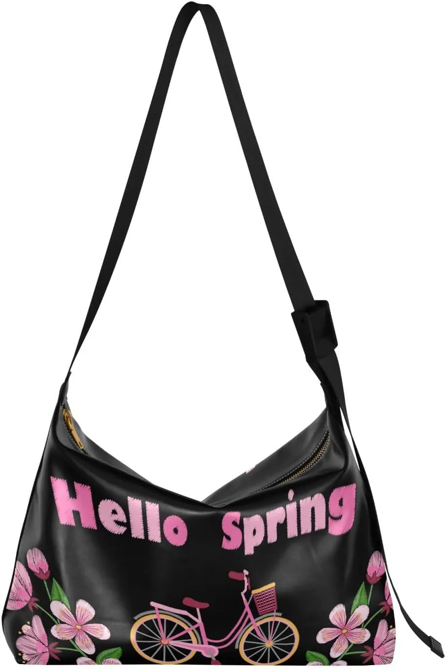 Bike Cherry Blossom Hobo Crossbody Bags for Women Leather Large Shoulder Bag Cross Body Embroidery Spring Trendy Womens Tote Bags Handbag for Travel Shopping