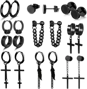 Black Cross Dangle Earrings, Stainless Steel Long Chain Pierced Hoop Earrings Set, Unisex